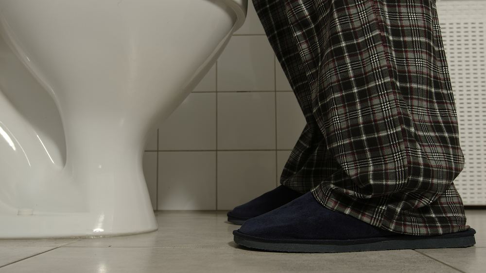 Closeup of male legs in a pajamas and slippers by a toilet.
